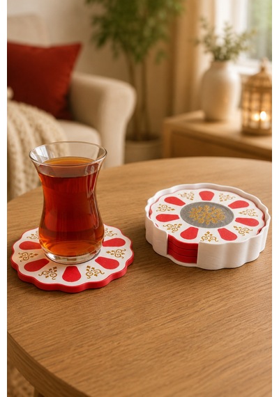 Geleneksel Türk Çay Tabağı Motifli 4 Lü Bardak Altlığı Seti Standlı - Dekoratif Bardak Altlığı - Kırmızı Set Diğer