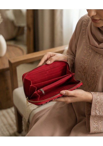 Zaytoon Filistin Geleneksel Renkli Kırmızı Nakışlı Çift Fermuarlı Kadın Büyük Cüzdeni 20x10 Cm A100027 Kirmizi