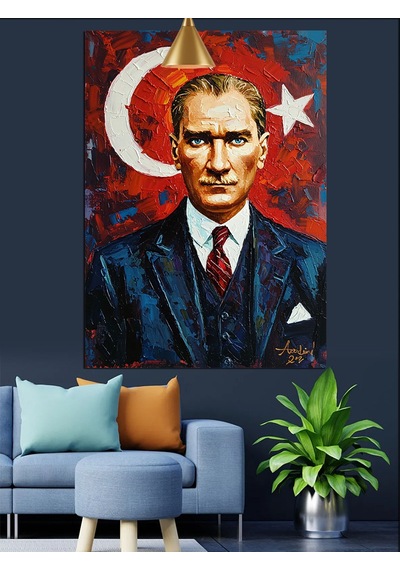 Türkiye Cumhuriyeti Bayrağı Önünde Atatürk Portresi Dekoratif Kanvas - Mdf Ahşap Tablo