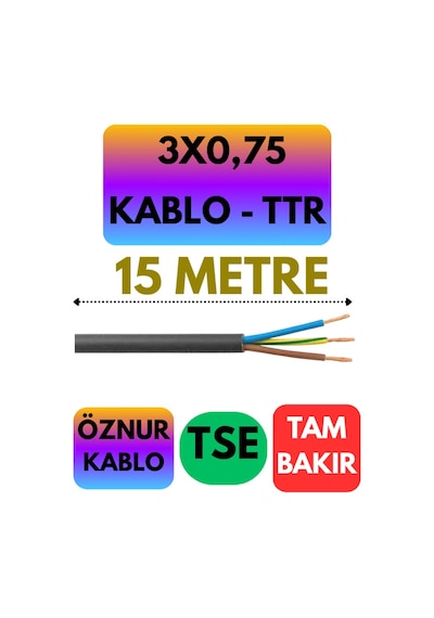 Öznur 3x0,75 Ttr Kablo Siyah Metre Seçenekli - 15 Metre