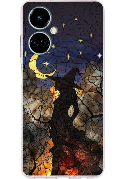 Printify Tecno Camon 19 İle Uyumlu Vitray Cadı Saati Tasarımlı Şeffaf Silikon Kılıf Şeffaf