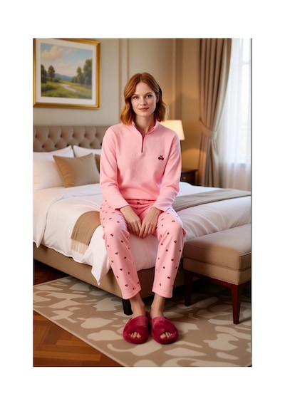 Ersefa Kadın Kiraz Desenli Fermuarlı Waffle Pijama Takımı Fonksiyonel Da Pembe