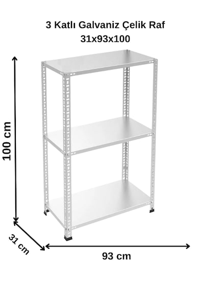 3 Katlı Galvaniz Çelik Raf - Depo, Arşiv, Kiler, Dosya, Market Rafı 31x93x100 Cm Gri