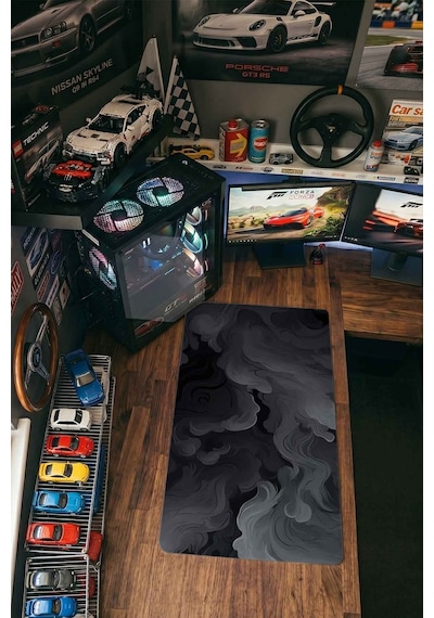 Koyu Gri Soyut Duman Dalgaları 40x90 Cm Oyuncu Mousepad Kaymaz Taban Büyük Boy Mousepad