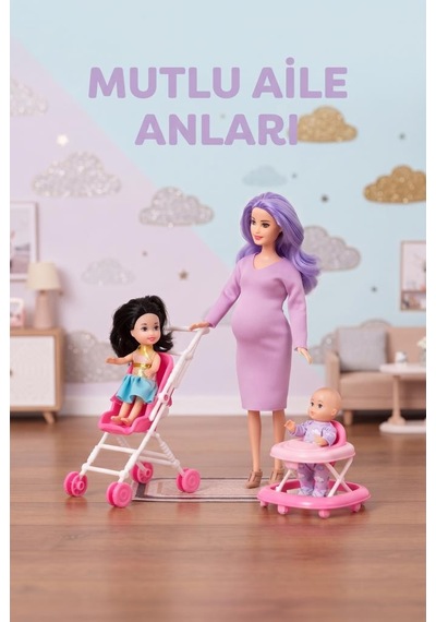 Hamile Anne Ve Bebekleri 3 Bebekli Dönen Karınlı Haraketli Eklemli Aksesuarlı Oyuncak Bebek Seti Mor