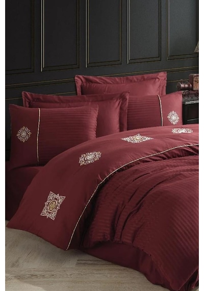 Elegant Nakışlı Pamuk Saten Çift Kişilik Nevresim Takımı Zeugma Bordo Bordo