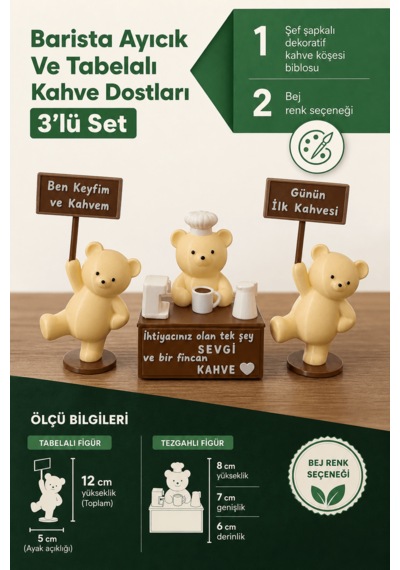 Barista Ayıcık Ve Tabelalı Kahve Dostları 3 Lü Set - Şef Şapkalı Dekoratif Kahve Köşesi Biblo 8
