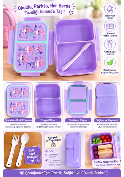 Muzeko Lunch Box Mzk884 Pembe Gıdaya Uygun Plastik Sızdırmaz Çift Bölmeli Lunch Box Beslenme Kabı 580ml Çatal Kaşık Hediye Beslenme Çantası Açk Mor