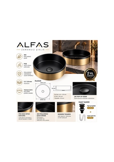 Alfas Aura Round 41 Cm Pvd Gold Siyah Tezgah Üstü Çanak Lavabo 304 Paslanmaz Çelik