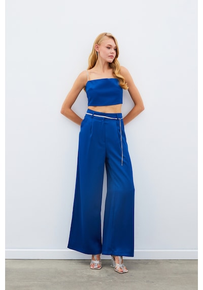 Sateen Taş Kemerli Saten Pantolon - Mavi-134978 Mavi