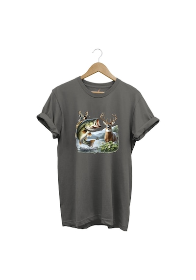 Balıkçılık Ve Avcılık Temalı Geyik, Ördek Ve Turna Balığı Baskılı %100 Pamuk Regular Fit T-shirt Gri