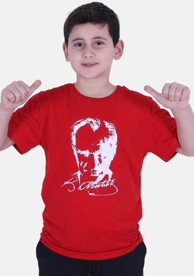 Markahit Atatürk Baskılı İmzalı Kırmızı Unisex Çocuk T-shırt-kırmızı Kırmızı