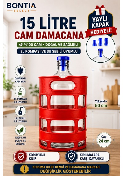 15 Litre Cam Damacana Koruyucu Kılıflı Yaylı Kapak Hediyeli Sebil Ve El Pompası Uyumlu %100 Cam Damacana Şeffaf
