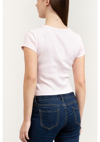 A- Woven Label 2x2 Rib Baby Tee Kadın Bisiklet Yaka T-shirt Pembe