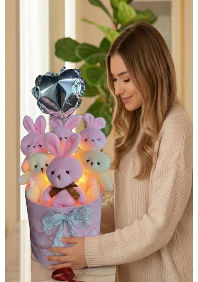 Premium Silindir Hediye Kutusunda, Kalpli Balonlu Led Işıklı Pembe Tavşanlı Ayıcık Buketi, Yılbaşı - Christmas Hediyesi