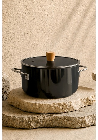 Titan Cook Ahşap Kulplu,paslanmaz Saplı Siyah Süzgeçli Emaye Kızartma Tenceresi 22 Cm Siyah