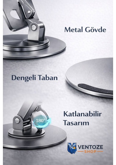360 Dönebilir Alüminyum Masaüstü Telefon Tablet Standı Full Metal Katlanabilir Ergonomik Tutucu Koyu Metal