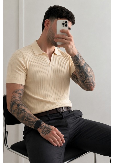Tarz Cool Premium Fitilli Triko Polo Yaka Erkek Old Money T-shirt Bej