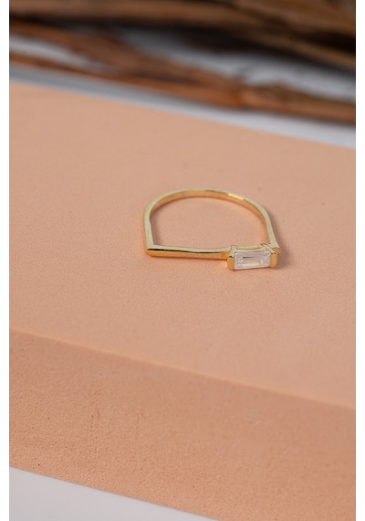 Gümüş Altın Yaldızlı Baget Kesim Zirkon Taşlı Geometrik Yüzük Barcode Gold