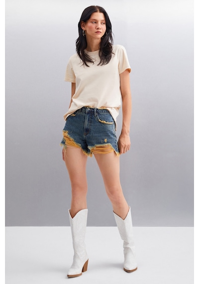 Grimelange Samantha Kadın %100 Organik Pamuklu Comfort Fit Arkası Uzun Basic Örme Bej T-shirt