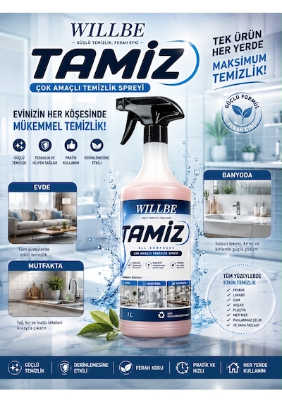 Willbe Tamiz Çok Yüzeyli Temizlik Spreyi Leke Çıkarıcı Yağ Çözücü 1l All Surfaces