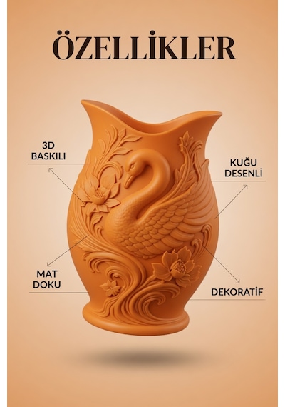 Kuğu Desenli Dekoratif Vazo 15 Cm 3d Baskılı Mat Dokulu Şık Masa Ve Raf Dekoru Turuncu