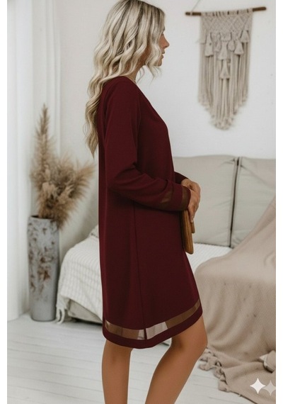 Veraura Lifestyle Kadın Uzun Kollu V Yakalı Tül Şerit Detaylı Mini Krep Elbise Bordo