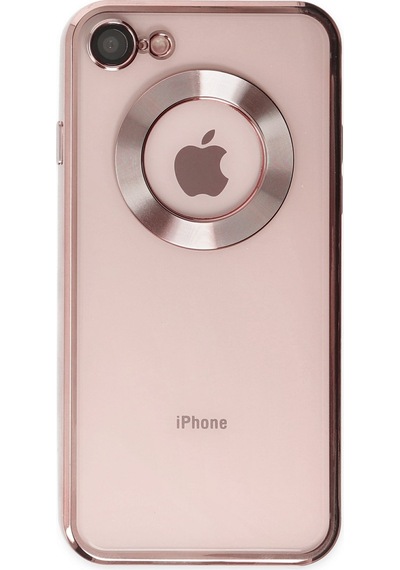 Apple Uyumlu iPhone 8 Kapak Yanları Renkli Lens Korumalı Logo Gösteren Şeffaf Luxury Kılıf - Rose Gold