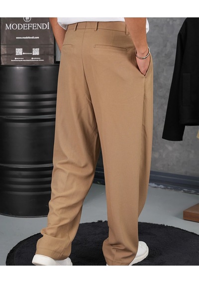 Modefendi Baggy Kalıp Pile Detaylı Kumaş Pantolon Camel