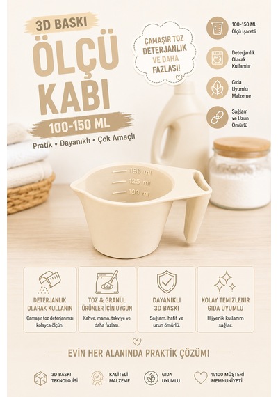 3d Baskı 100-150 Ml Ölçü Kabı Çamaşır Deterjanı, Toz Ve Granül Ölçü Kabı Gıda Uyumlu Pla - Krem Diğer
