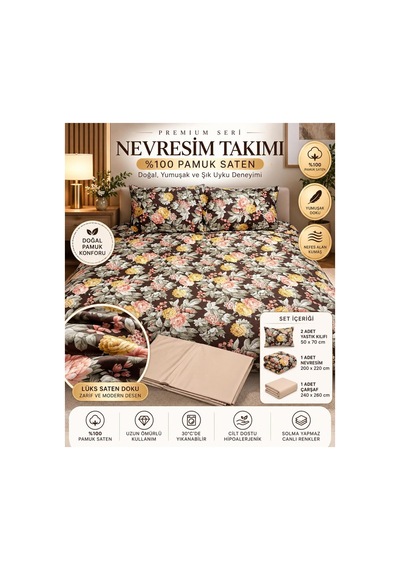 Slc Home %100 Pamuk Saten Şık Tasarım Çift Kişilik Nevresim Takımı 4 Parça Siyah Çiçekli Siyah - 938557252 Siyah