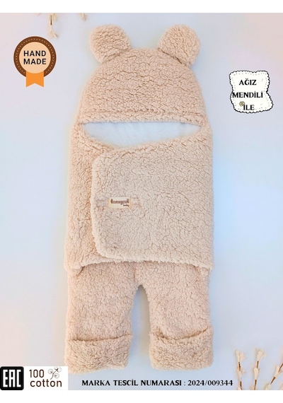 Bebek Dış Kundak Battaniyesi Welsoft Ekstra Uzun Kışlık Peluş Ayakları Açılabilen Uyku Tulumu 0-12ay Vizon