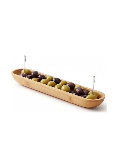 35cm Bambu Zeytinlik Doğal Ahşap Oval Uzun Servis Tabağı Meze Sunumu, Çerezlik, Atıştırmalı