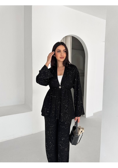 Kadın Simli Uzun Kol Modal Kumaş Kimono Pantolon İkili Takım Şık Ve Rahat Kadın Takım Siyah Kadın Simli Uzun Kol Modal Kumaş Kimono Pantolon İkili Takım Şık Ve Rahat Kadın Takım Siyah
