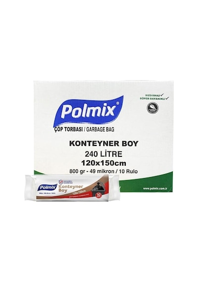 Polmix Endüstriyel Konteyner Boy  Çöp Torbası Siyah 10 x 10'lu 120 x 150 CM