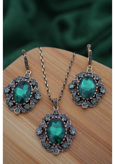 Stoneage Zümrüt ve Zirkon Taşlı Kolye ve Küpe Set Takım  Yeşil