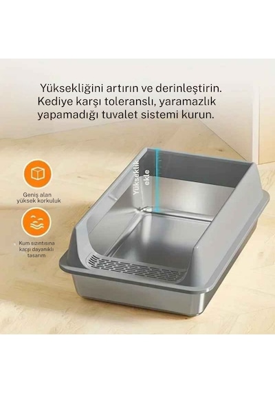Techtic Yarı Kapalı Çelik Kedi Tuvaleti Yüksek Kenarlı Kürek Hediyeli Paslanmaz Metal Kedi Kum Kabı