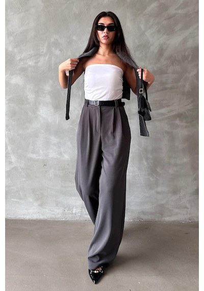 Madmext Füme Çift Pileli Kemerli Pantolon Mg2330 Füme