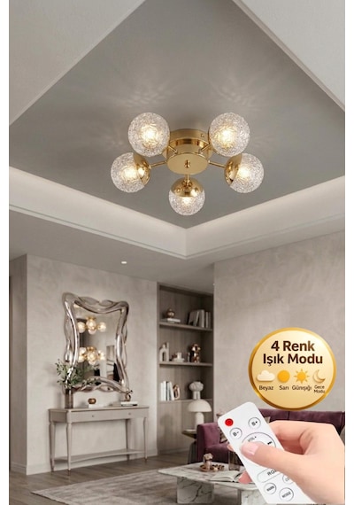 LumiaLighting Küre Model Gold 5"li Kumandalı Ledli 3 Renk Modu Kristal Salon Mutfak Yatak Çocuk Odası Avize