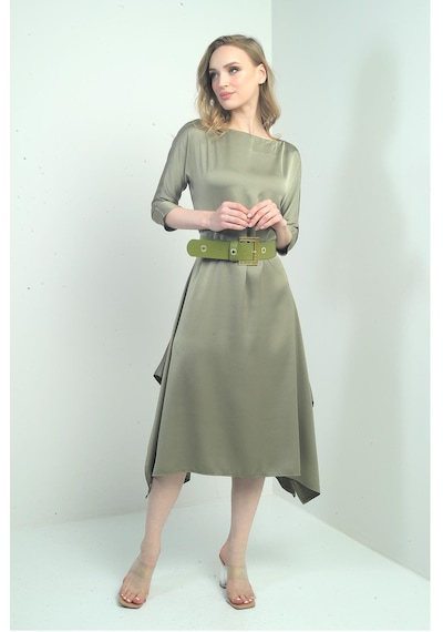 By Saygı Kadın Çeyrek Kollu Beli Kemerli Asimetrik Krep Saten Midi Elbise-40625 Olive