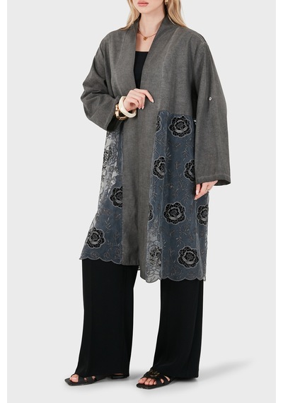 Via Dante % 100 Keten Dantel Detaylı Kimono Bayan Kimono 6909330 Antrasit