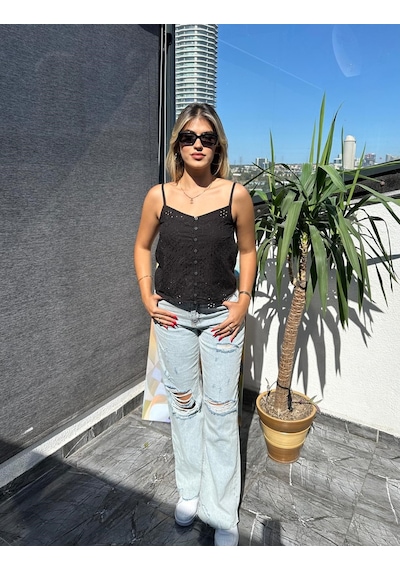 2548 V Yaka Kendinden Desenli Askılı Crop Kadın Bluz - 90 Siyah