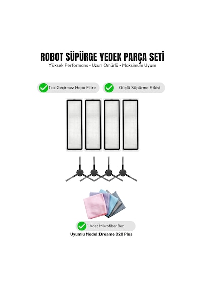 Dreame D20 Plus İle Uyumlu 4 Yan Fırça 4 Filtre 1 Temizlik Bezi 10.0