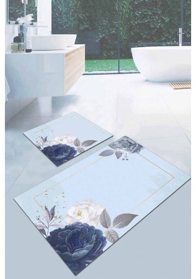 Eflatun Çiçek Temalı Banyo Halısı Klozet Paspas Seti Bs007n11