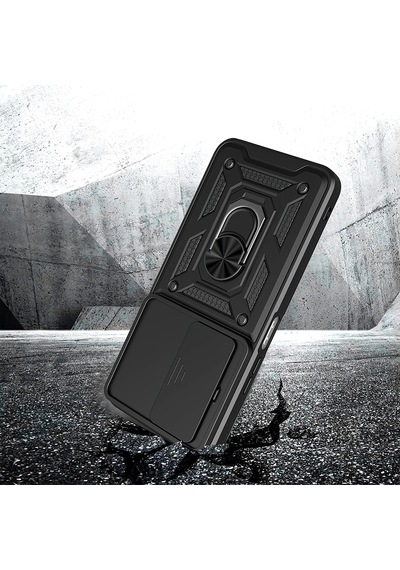 Xiaomi Redmi 15 Kılıf Magnetik Standlı Kamera Korumalı Zore Sürgülü Vega Kapak Siyah
