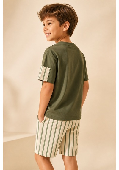 Eray Alp Kids Erkek Çocuk Haki Cepli Tişört Çizgili Şort Takımı Yazlık Günlük Model