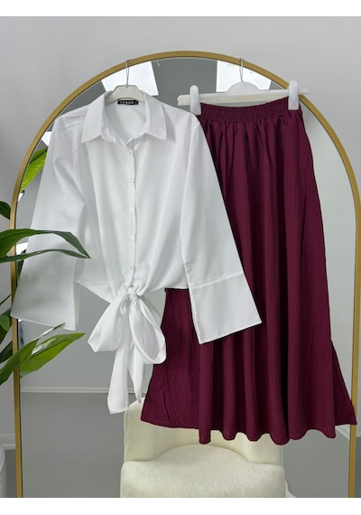 Lovie Moda Önden Bağlamalı Gömlek Jakarlı Etekli Takım Bordo