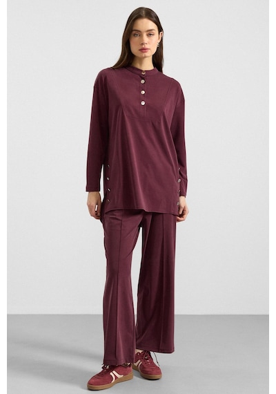 Olcay Metal Düğmeli Premium Kumaş Sweat Pantolon Takım Bordo 9405-tk