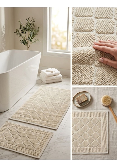 İkili Banyo Paspası Pamuklu Kaymaz Taban Dikdörtgen Banyo Paspas Kilim Set Krem