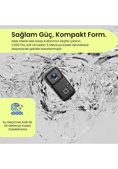 SJCAM C200 Pro 4K HDR 1200mAh WiFi 20MP 135 Kompakt Tasarım 40 MT Su Geçirmez Kılıflı Mini Aksiyon Kamerası Siyah
